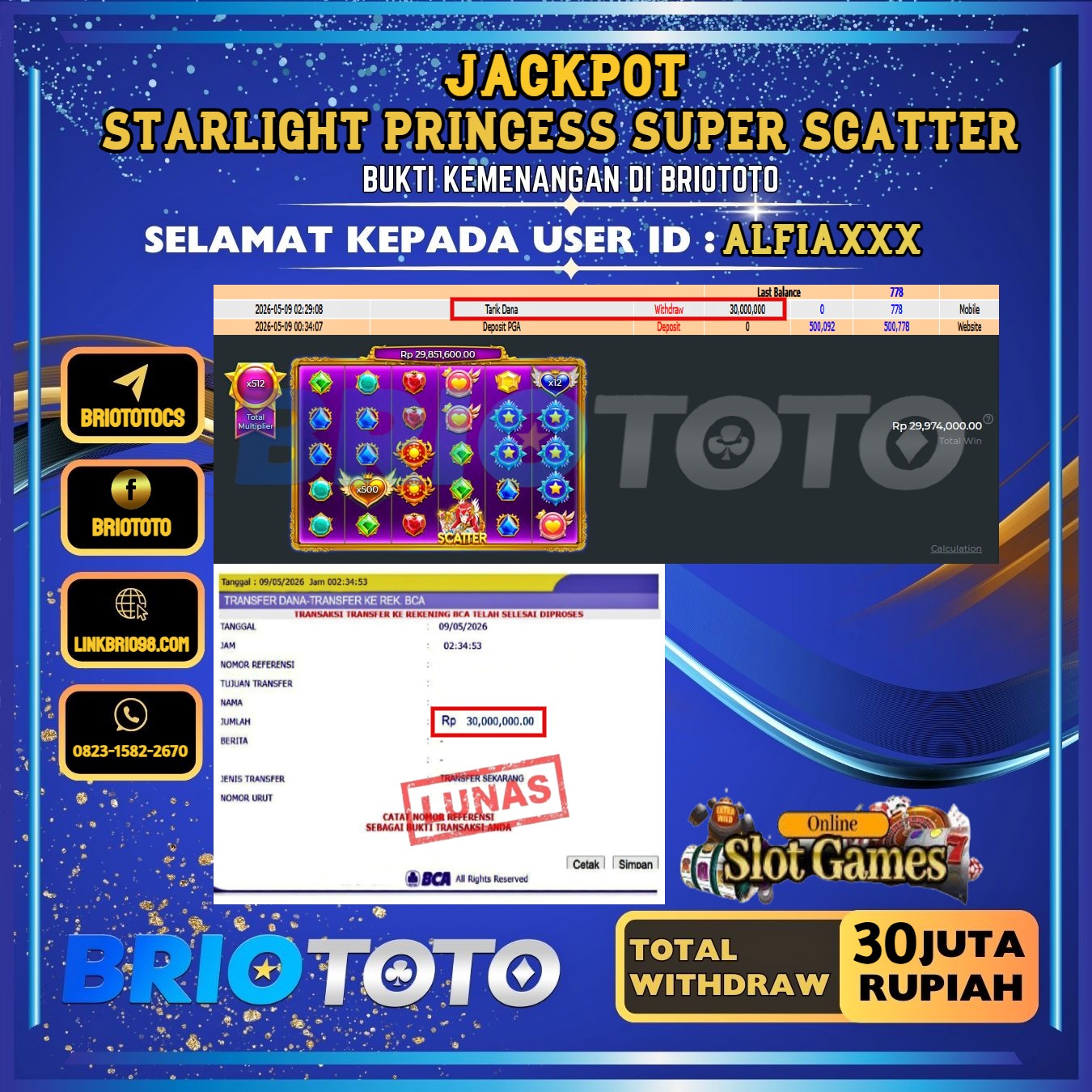 BRIOTOTO JACKPOT SLOT STARLIGHT PRINCESS SUPER SCATTER RP.30.000.000,- LUNAS USER ID : ALFIA***
