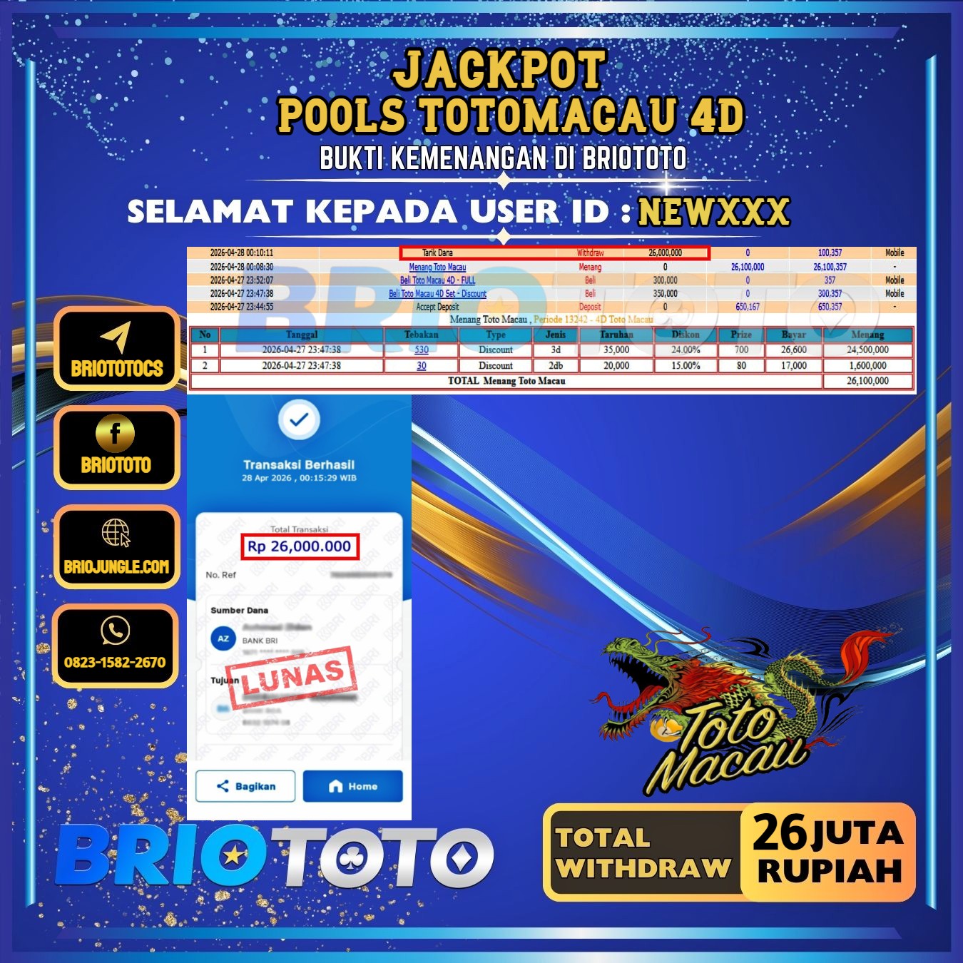 BRIOTOTO JACKPOT TOGEL TOTOMACAU 4D RP.26.000.000,- LUNAS USER ID : NEW****