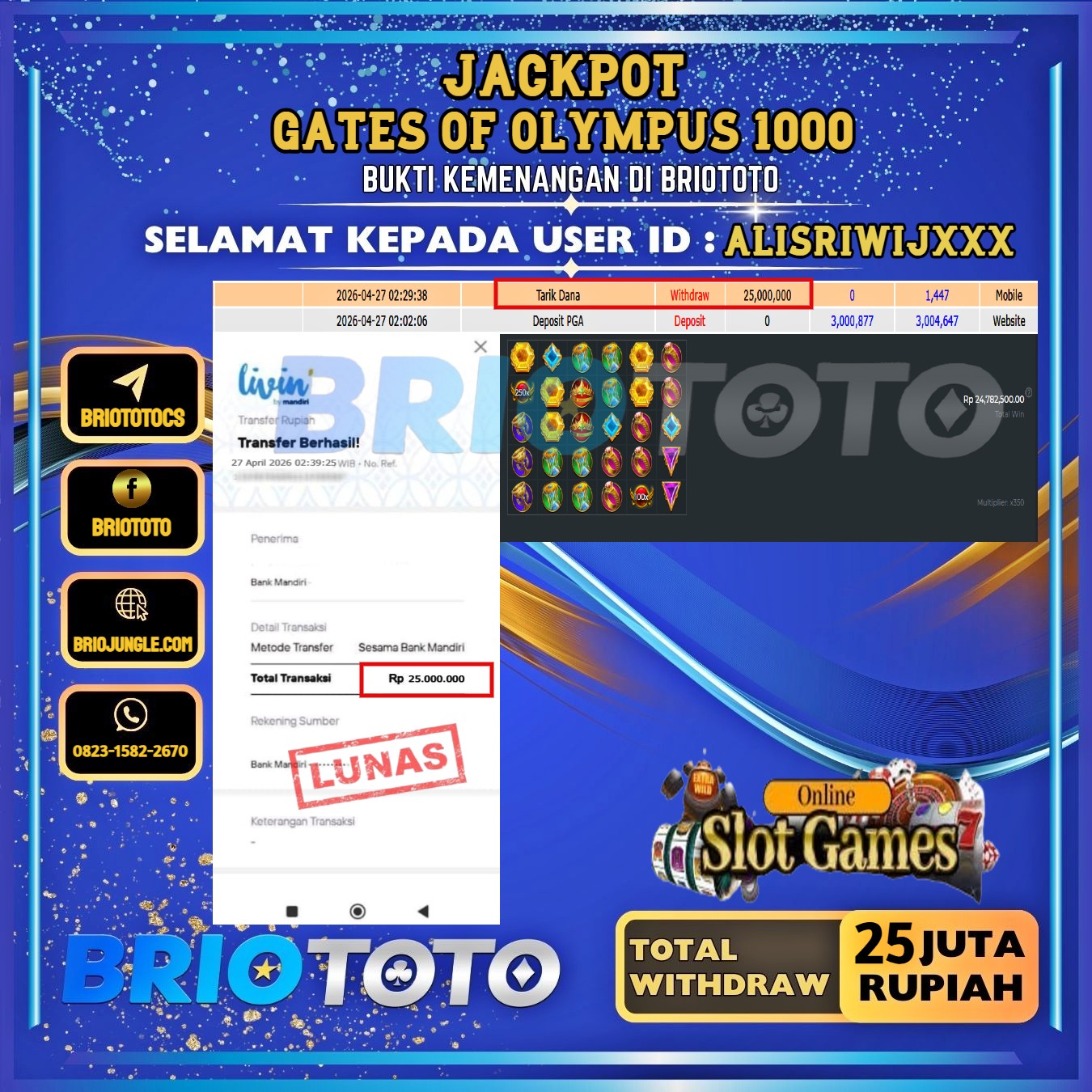 BRIOTOTO JACKPOT SLOT GATES OF OLYMPUS 1000 RP.25.000.000,- LUNAS USER ID : ALISRIWIJ****