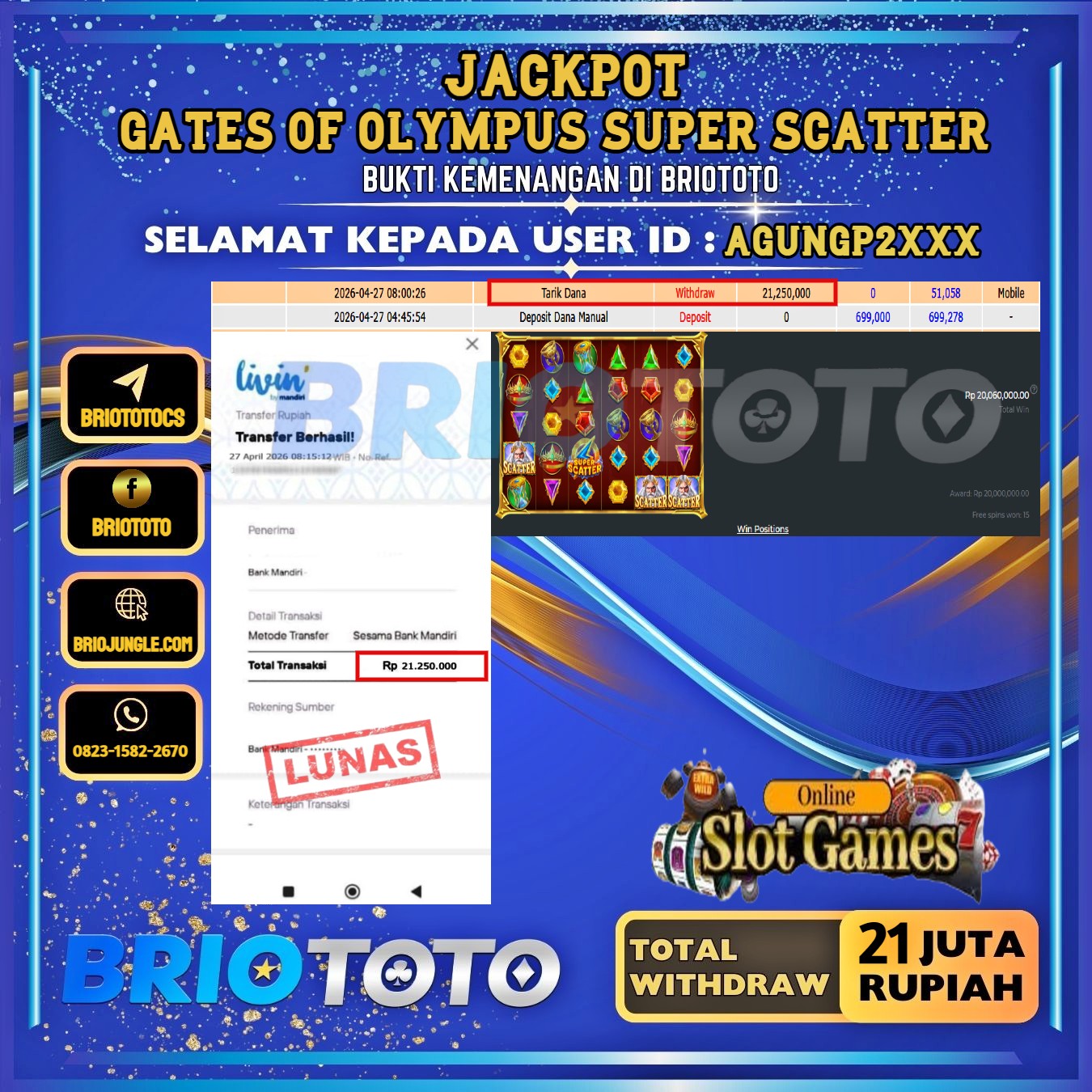 BRIOTOTO JACKPOT SLOT GATES OF OLYMPUS SUPER SCATTER RP.21.000.000,- LUNAS USER ID : AGUNGP2****