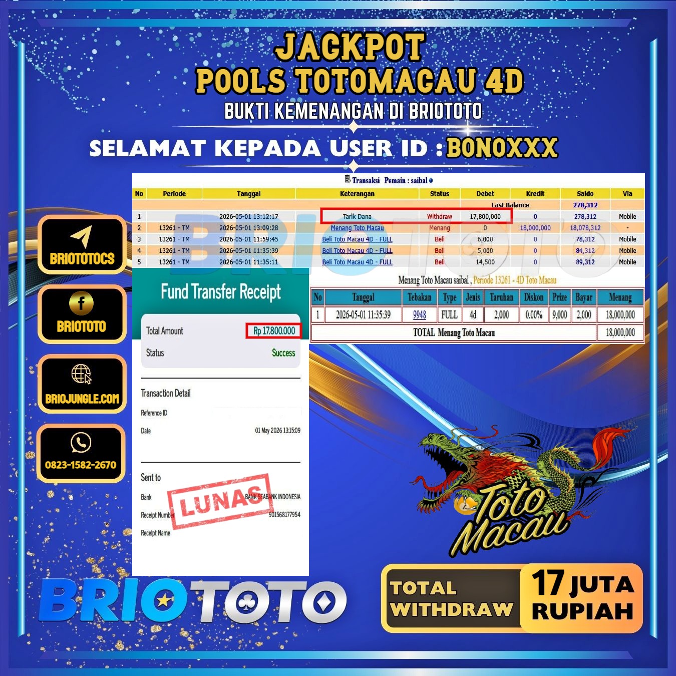 BRIOTOTO JACKPOT TOGEL TOTOMACAU 4D RP.17.000.000,- LUNAS USER ID : BONO****