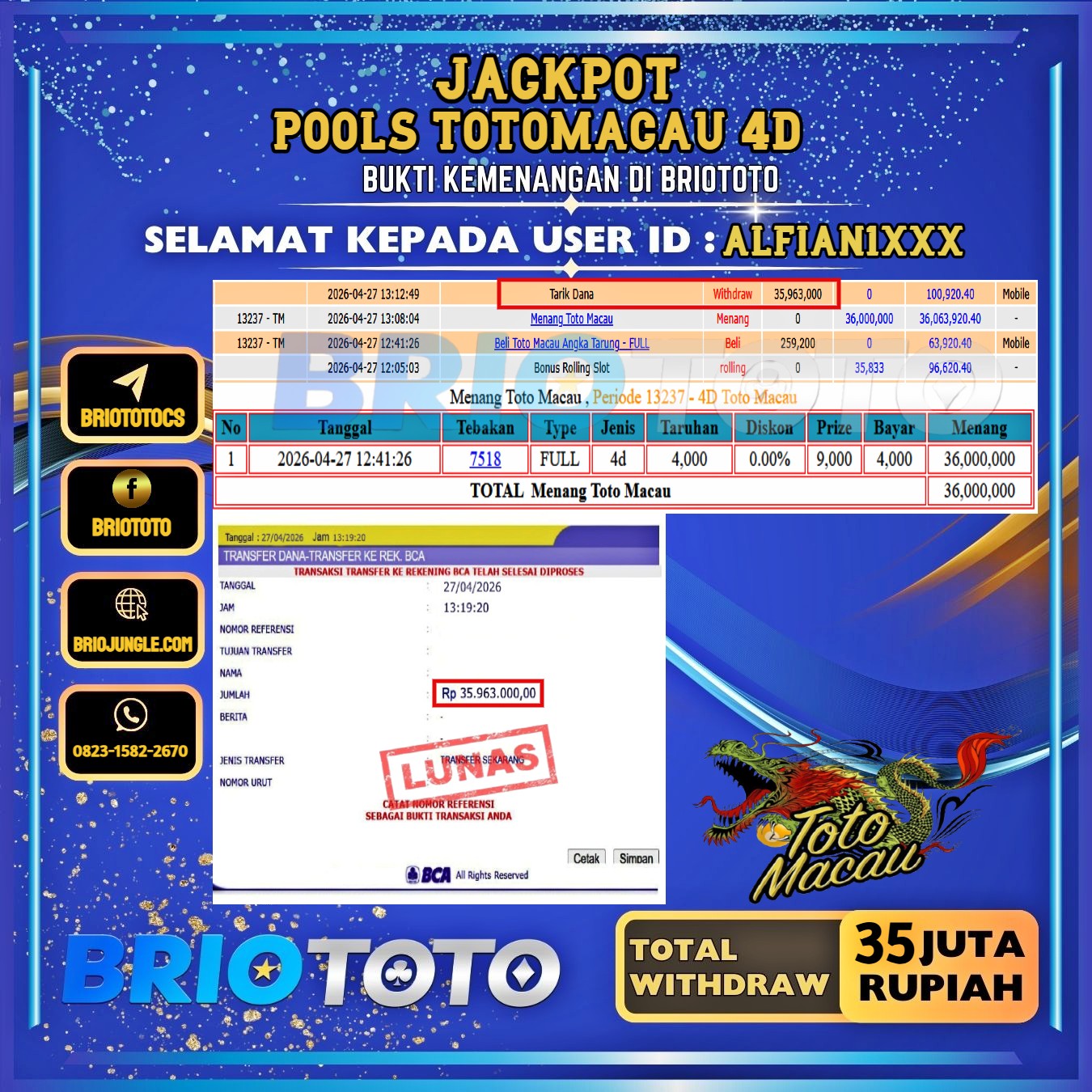 BRIOTOTO JACKPOT TOGEL TOTOMACAU 4D RP.35.000.000,- LUNAS USER ID : ALFIAN1****