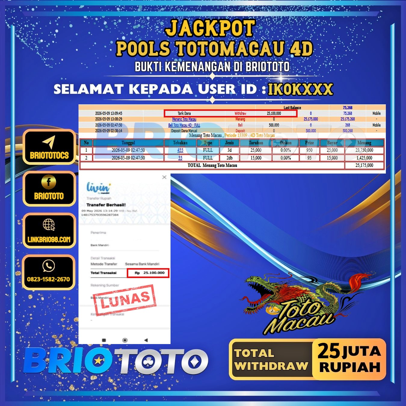 BRIOTOTO JACKPOT TOGEL TOTOMACAU 4D RP.25.000.000,- LUNAS USER ID : IKOK***